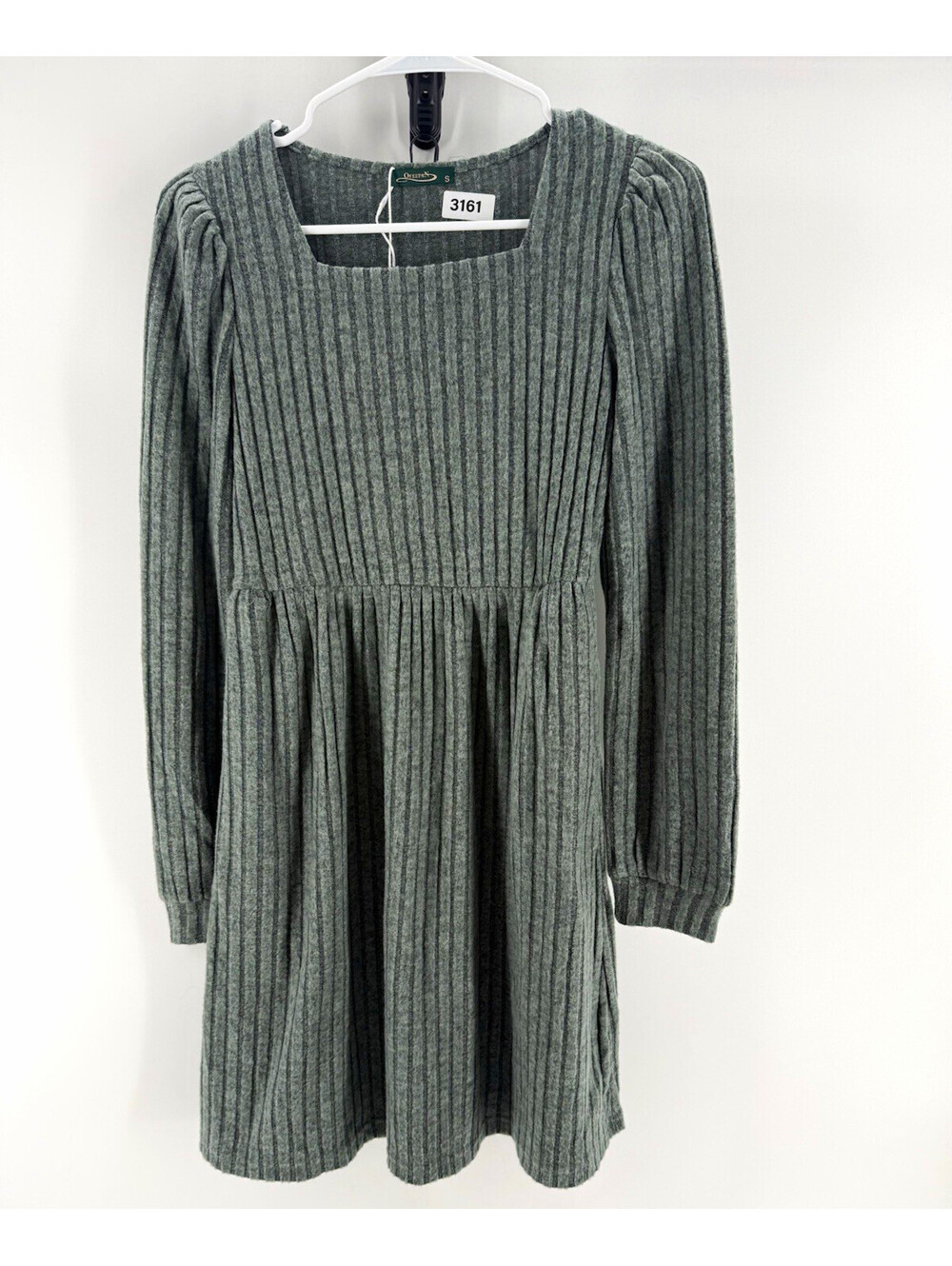 Ofeefan Womens Gray Ribbed Knit Square Neck Puff Sleeve Short Dress S